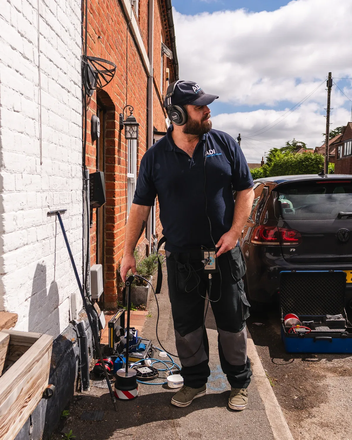 ADI engineer using acoustic listening equipment outside a home